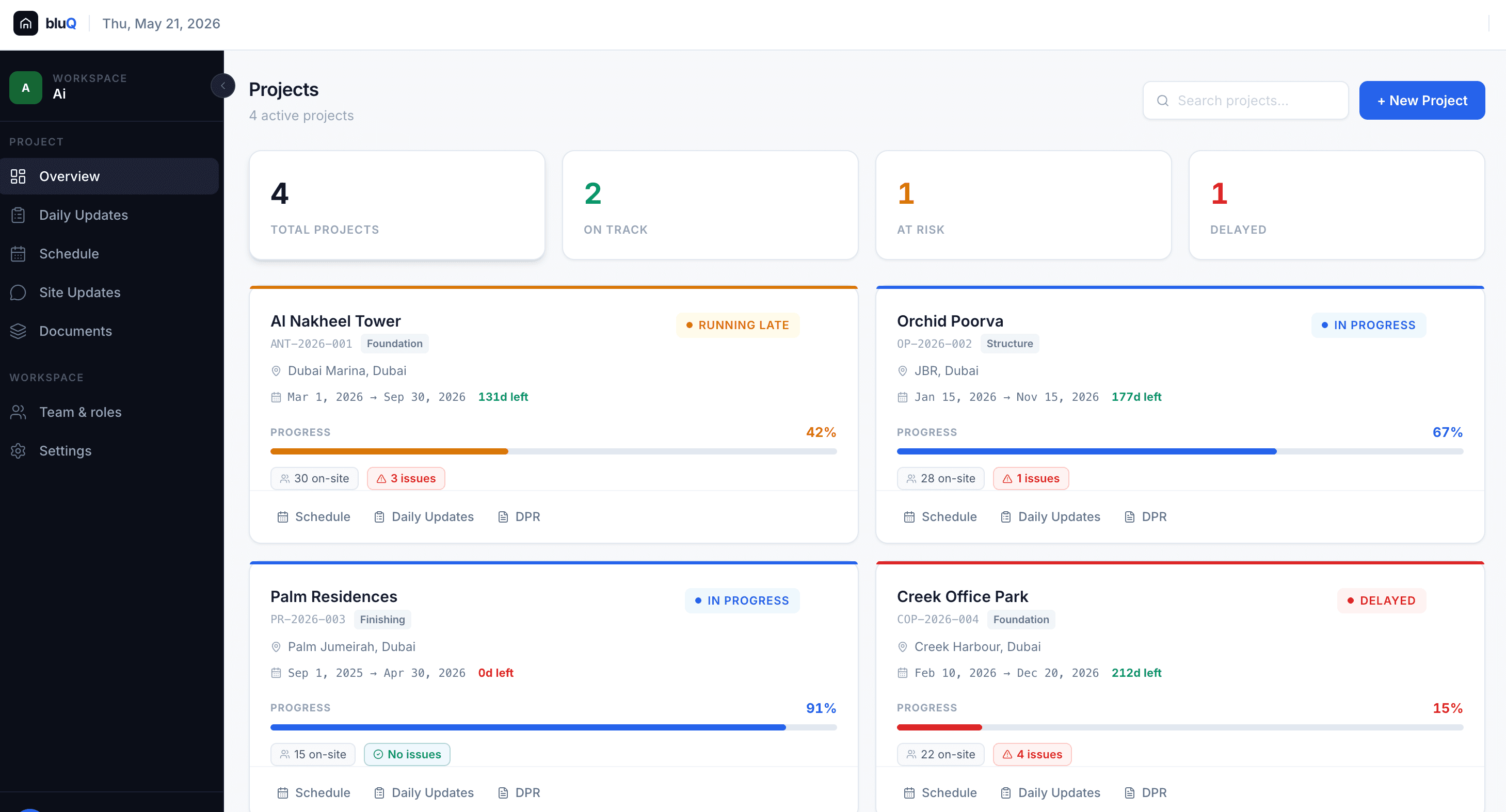 BluQ dashboard - live project overview