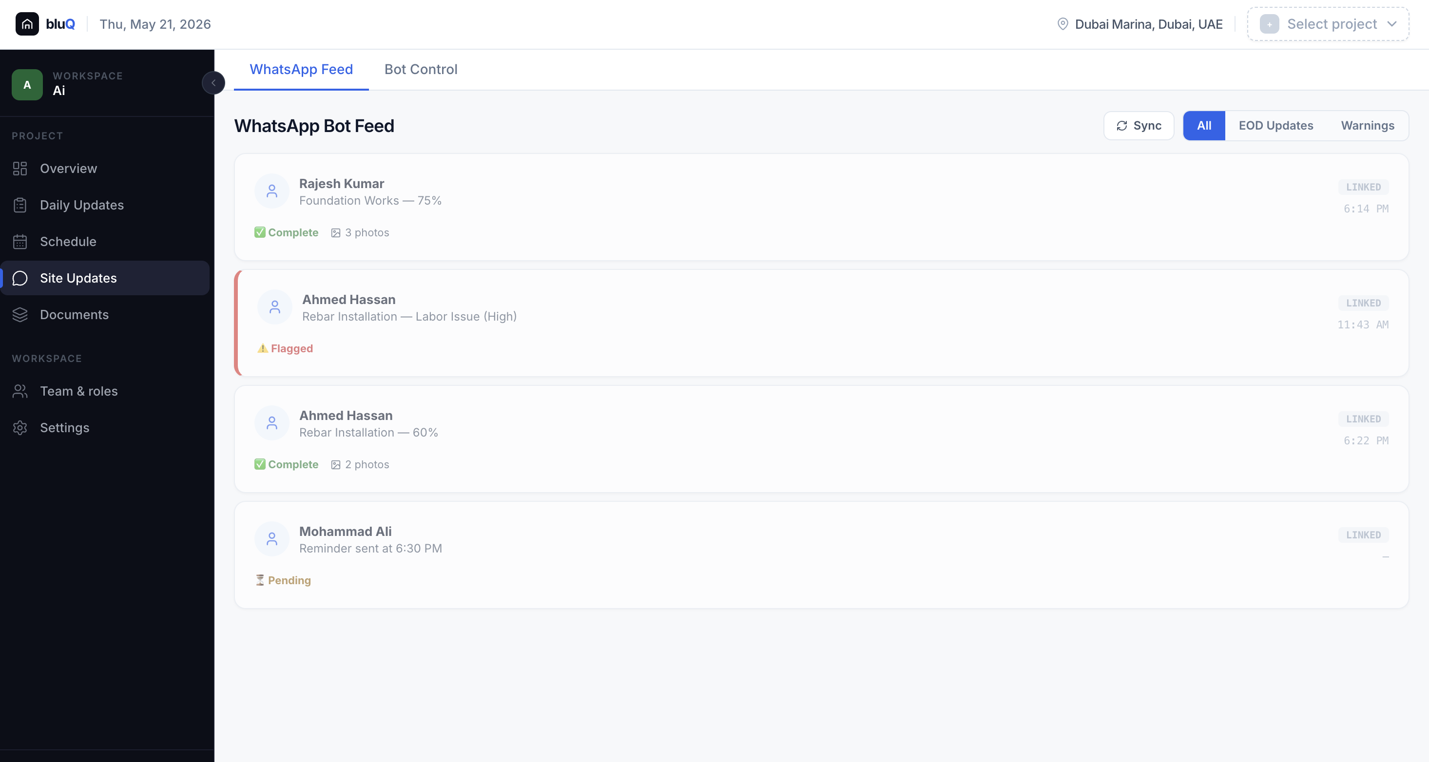 BluQ WhatsApp bot feed